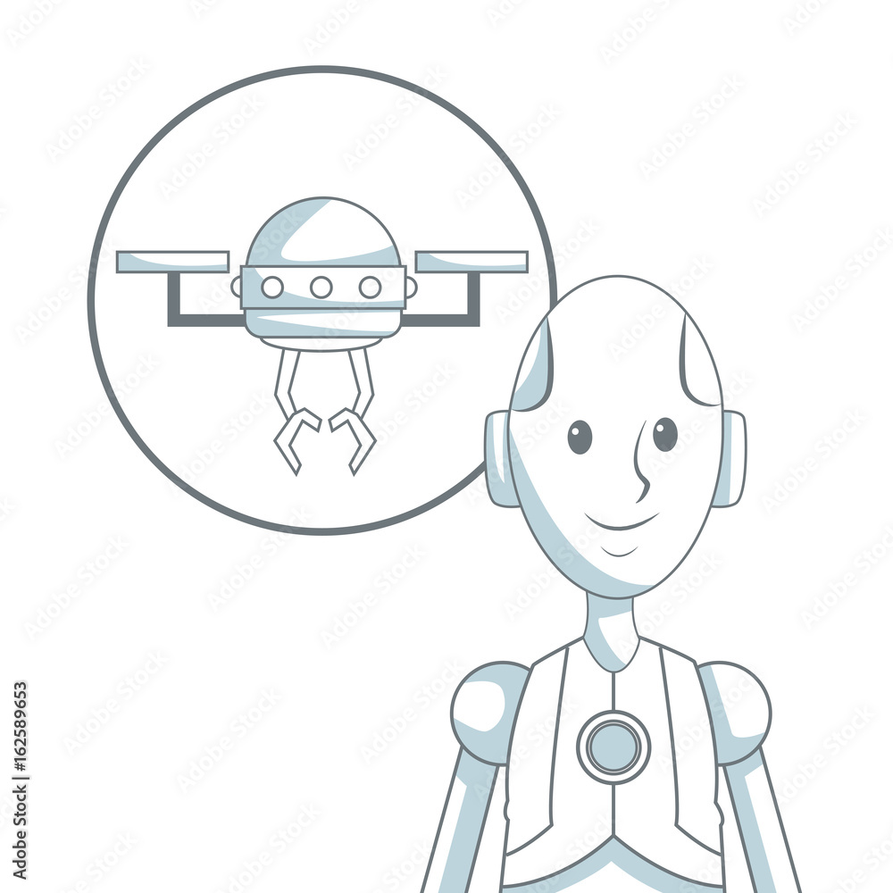 Poster white background with silhouette color sections shading of closeup robot and icon drone
