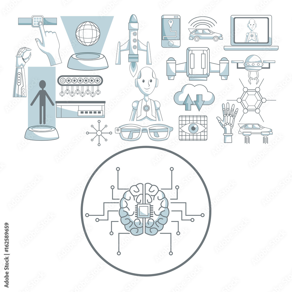 Poster white background with silhouette color sections shading of circular frame brain with circuits and se