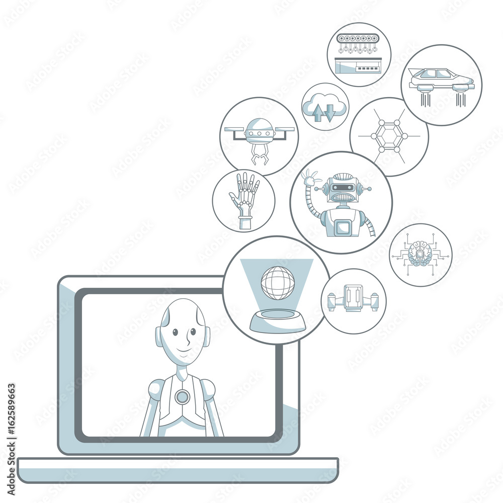 Poster white background with silhouette color sections shading of laptop and set icons tech futuristic obje
