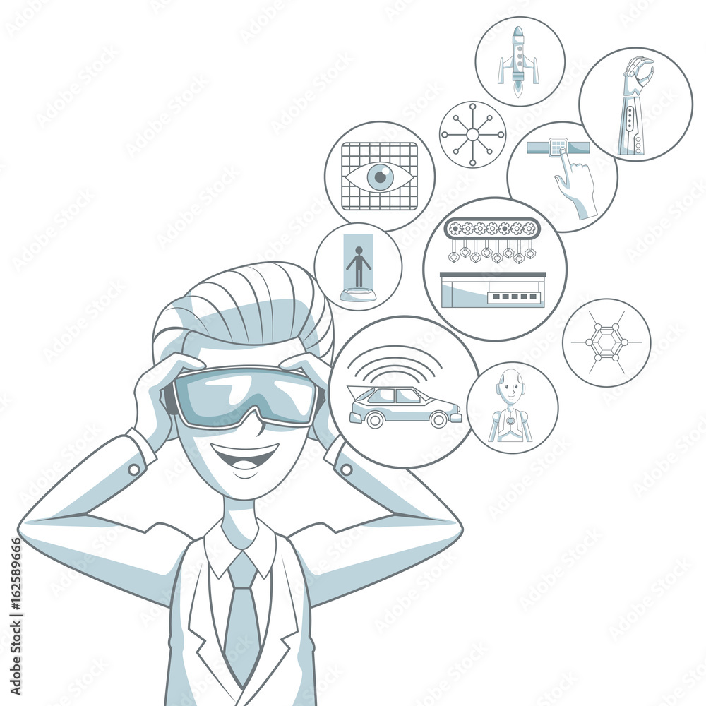 Poster white background with silhouette color sections shading of man with virtual reality glasses and floa