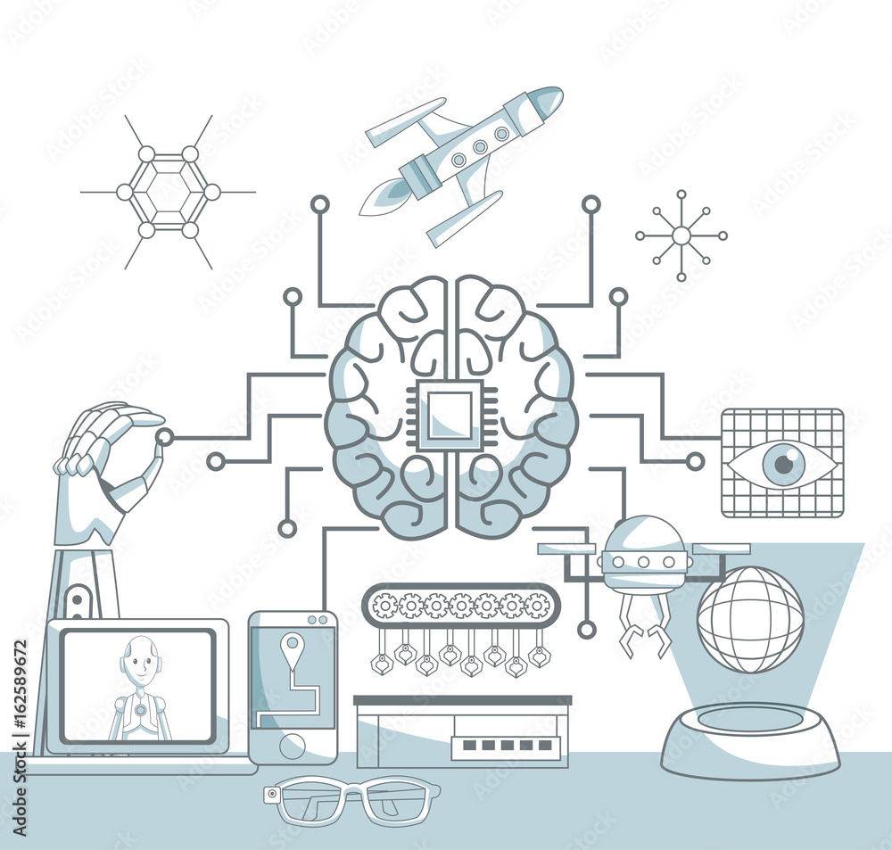 Poster white background with silhouette color sections shading of brain with circuits and set icons tech fu