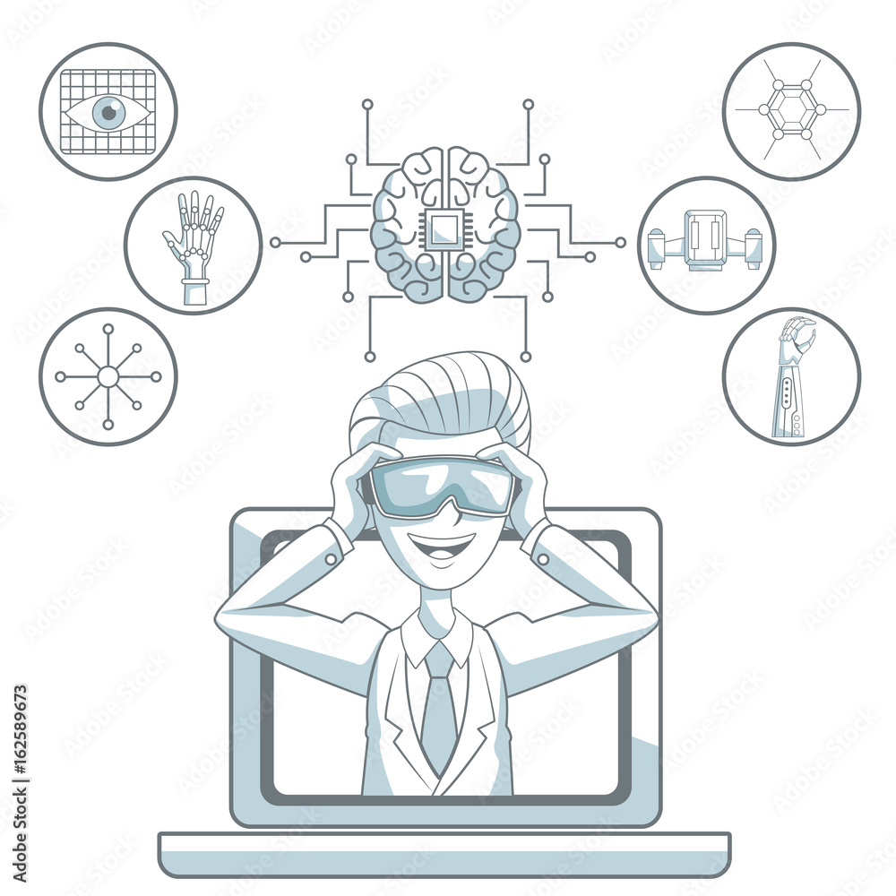 Poster white background with silhouette color sections shading of man with virtual reality glasses leaving 