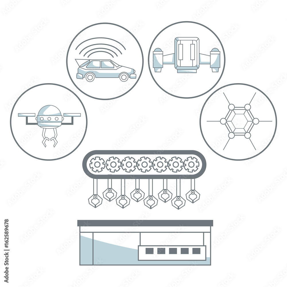 Poster white background with silhouette color sections shading of robotic mechanism and icons elements futu