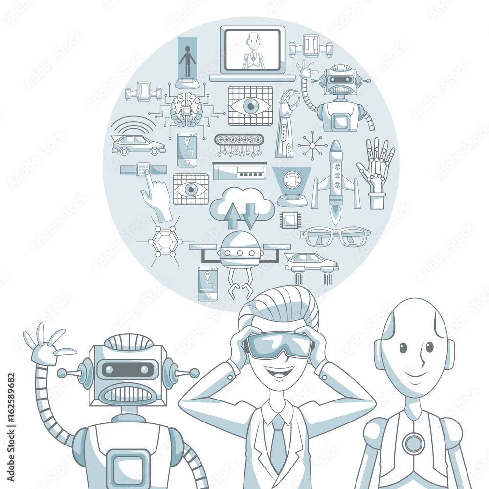 Poster white background with silhouette color sections shading of set elements futuristic in circular frame
