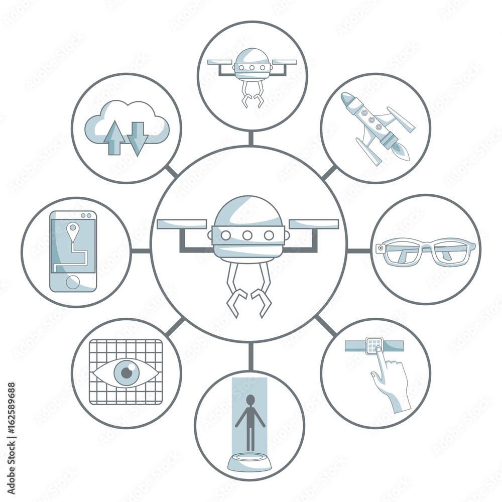 Poster white background with silhouette color sections shading of drone in center connected of set elements