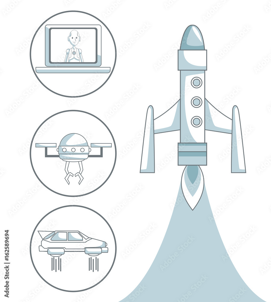 Poster white background with silhouette color sections shading of rocket flying and icon elements futuristic