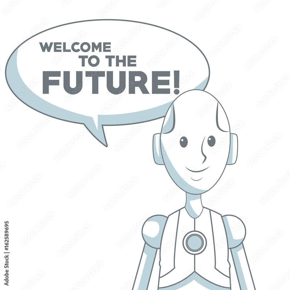 Poster white background with silhouette color sections shading of human robot with dialogue box text welcom
