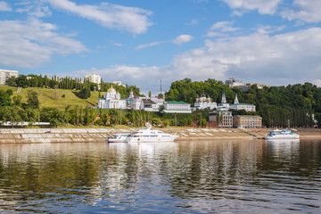 View of the yacht near the pier and the Annunciation Monastery in Nizhny Novgorod