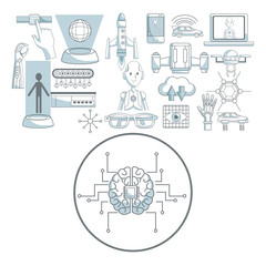 white background with silhouette color sections shading of circular frame brain with circuits and set icons tech futuristic objects in top