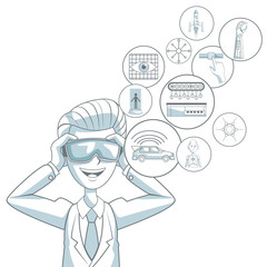 white background with silhouette color sections shading of man with virtual reality glasses and floating icon elements futuristic
