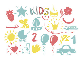 Color hand drawn icons for children.