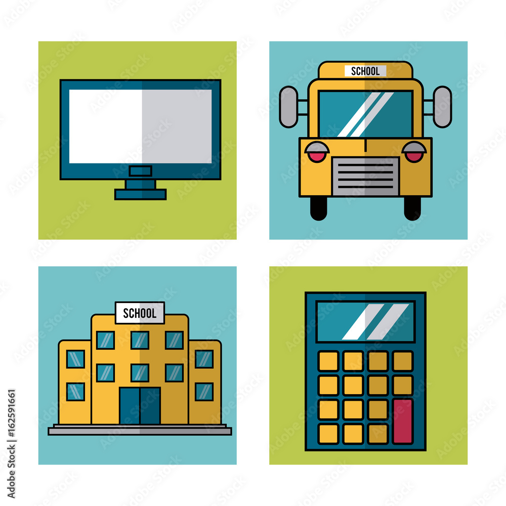 Poster white background with frames of school elements bus and computer and calculator and school building