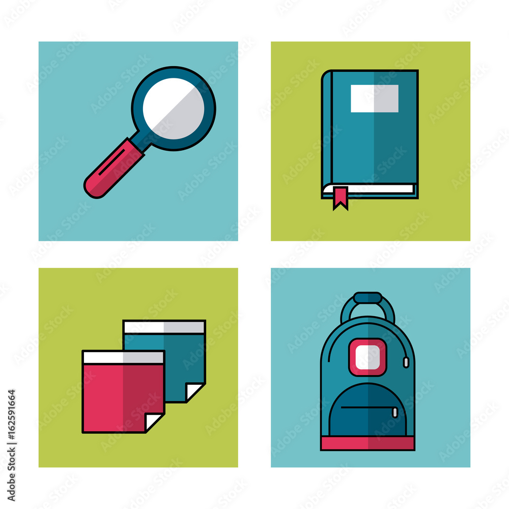 Poster white background with frames of school elements magnifying glass and book and sheets and backpack