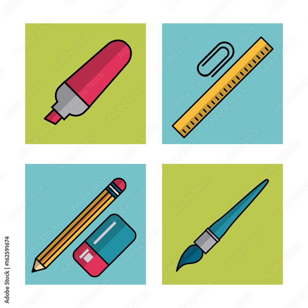 Poster white background with frames of school elements marker and paperclip with ruler and pencil with eras