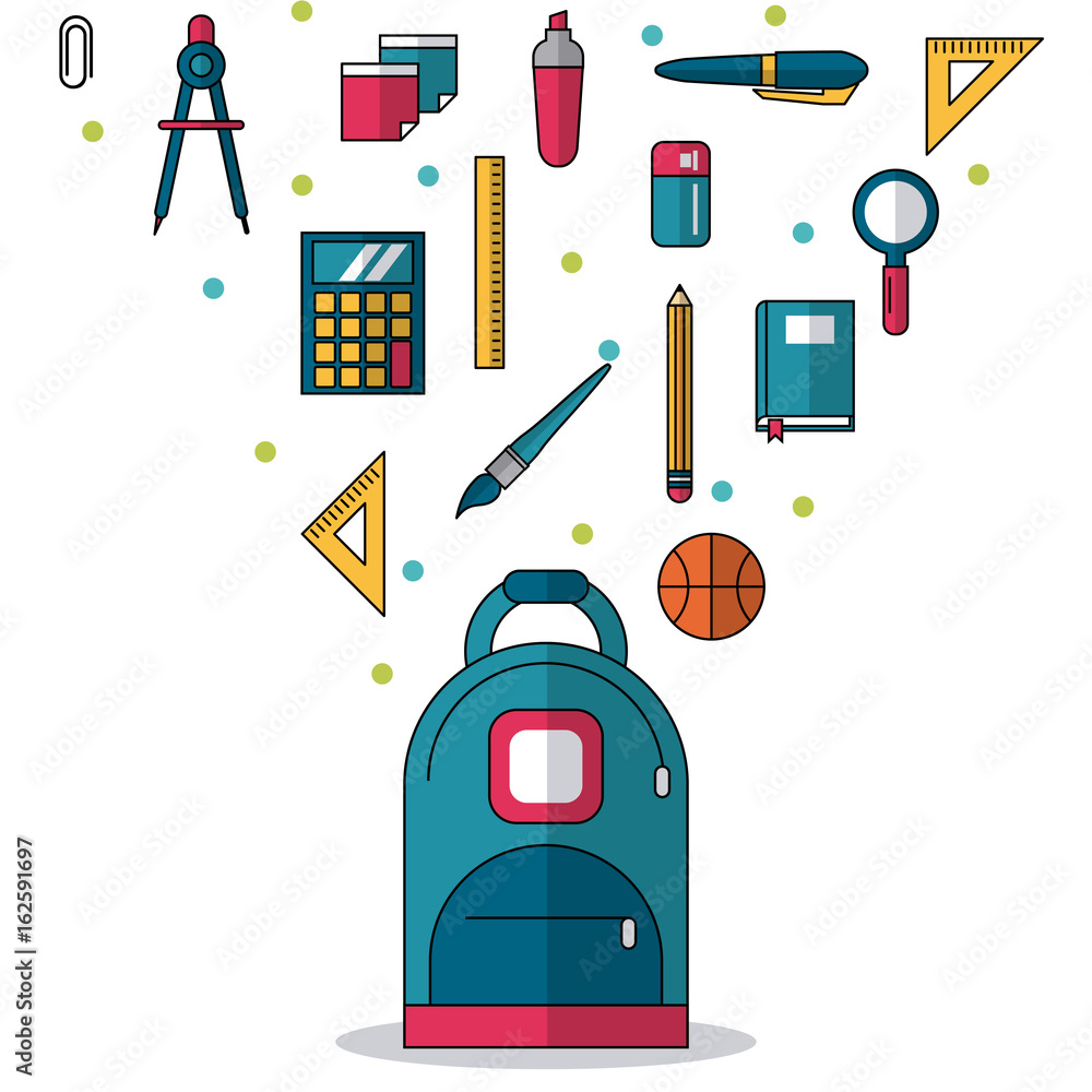 Poster white background with backpack in closeup and colorful smaller icons of elements of school