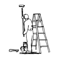 workman painting the wall with a roller with ladder - vector illustration sketch hand drawn with black lines, isolated on white background