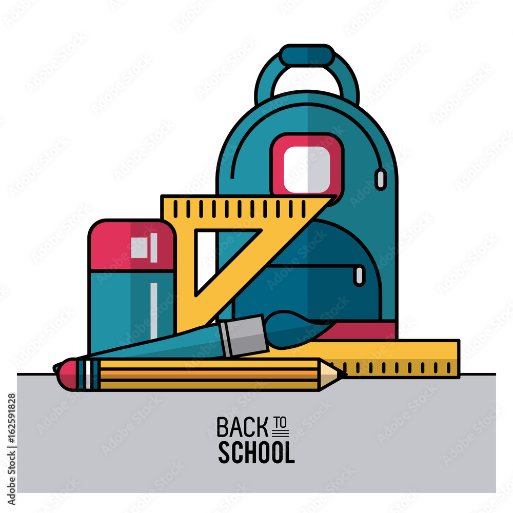 Poster color poster of back to school with backpack and essential elements of school in closeup