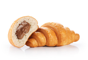 Sliced croissant with chocolate isolated on white background