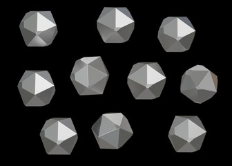Crystal Stone gem macro mineral collection set of 10 units, quartz on black background. 3d illustration