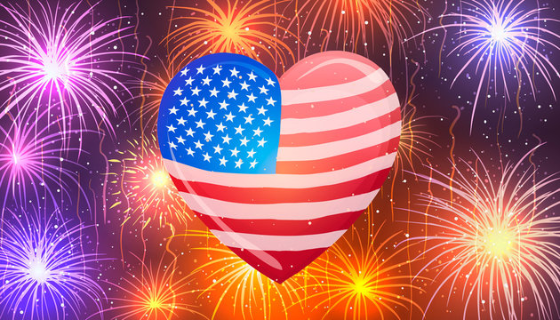 American flag in heart shape on background of colorful fireworks. 