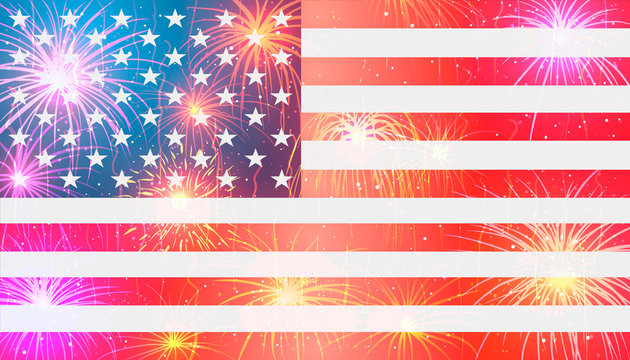 Fireworks and american flag. National holiday. Vector background.