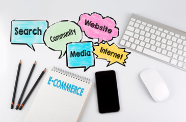 e commerce, background concept. Office desk table with computer, Smartphone and Notebook.