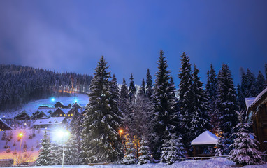 A fairy-tale house in the woods amid the snow-covered fir trees, Christmas landscape. Winter nature.