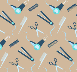 Nice hairdressing tools seamless pattern. Seamless hair style and barbershop salon texture with scissors, combs, straightening iron, hair dryer symbols