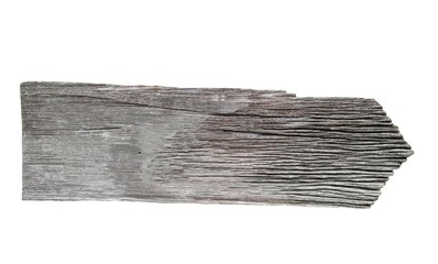 Old weathered coarse texture wood with right arrow road direction sign isolated on white