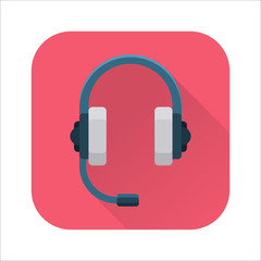 Headphones flat icon. Headset device, audio equipment symbol. Internet icon with long shadow in cartoon style. Web and mobile design element. Vector colored illustration.