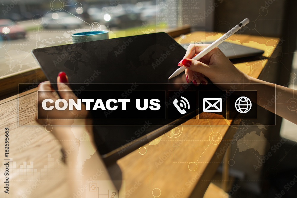 Poster contact us button and text on virtual screen. business and technology concept.