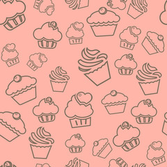 Cupcake line illustration for menu, cards, patterns, wallpaper. Seamless pattern