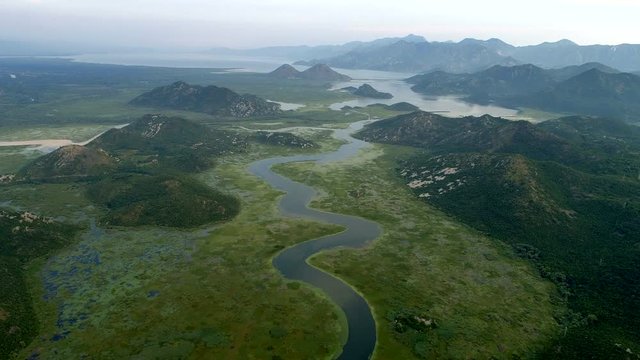 Aerial view of Rijeka Crnojevica River. Northern area of Skadar Lake National Park in Montenegro