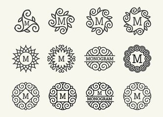 Wonderful set, style art nouveau. Round Elegant Line Art Logo, Emdlem and Monogram Design, vector template