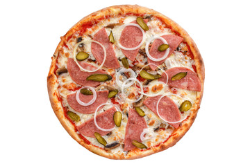 Pizza with sausage and gherkins view from the top.