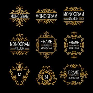 Wonderful set, style art nouveau. Elegant Line Art Logo, Emdlem and Monogram Design, vector template