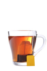 Cup of tea with teabag isolated on a white