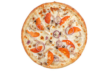 Pizza with chicken mushrooms and tomatoes top view.