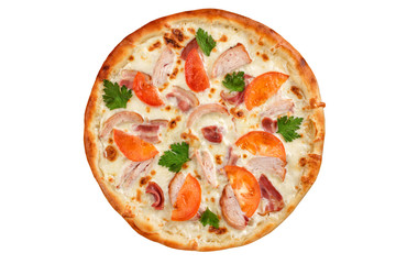 Pizza with smoked chicken, bacon and tomatoes top view