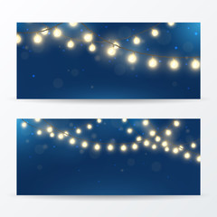 Vector set of horizontal banners with realistic light garlands. Festive background with shiny Christmas lights. Glowing bulbs with effect bokeh.