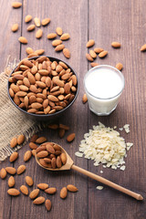 Almonds in bowl with glass of milk on wooden table