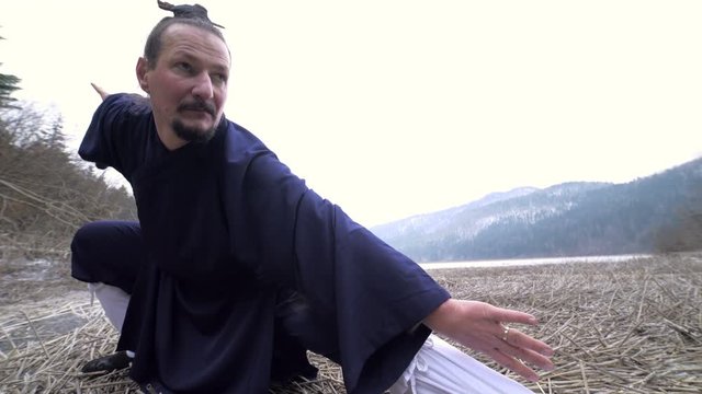 Baguazhang Martial Arts Pose Low Angle View 4K