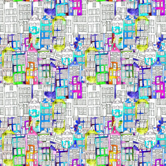Fototapeta premium Seamless pattern eith watercolor Amsterdam houses