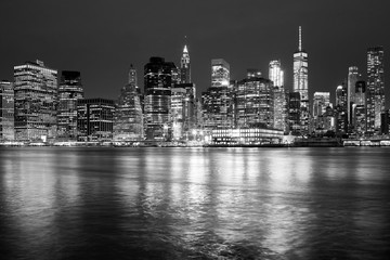 Fototapeta na wymiar Black and white New York City skyline at night, USA.