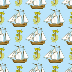Seamless pattern with ship, palms and island