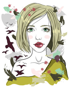 Portrait of a girl with a birds tattoo. The girl-bird with blond hair on abstract background. Fashion illustration