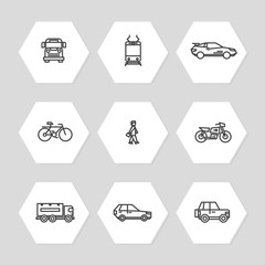 City transportation line icons set - cars, train, bus icons