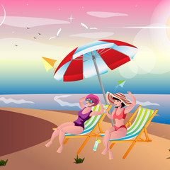 Obraz na płótnie Canvas Two girls sunbathing on the beach