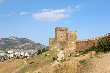 Fototapeta na wymiar Medieval Tower in the Genoese fortress in Sudak, Crimea.
