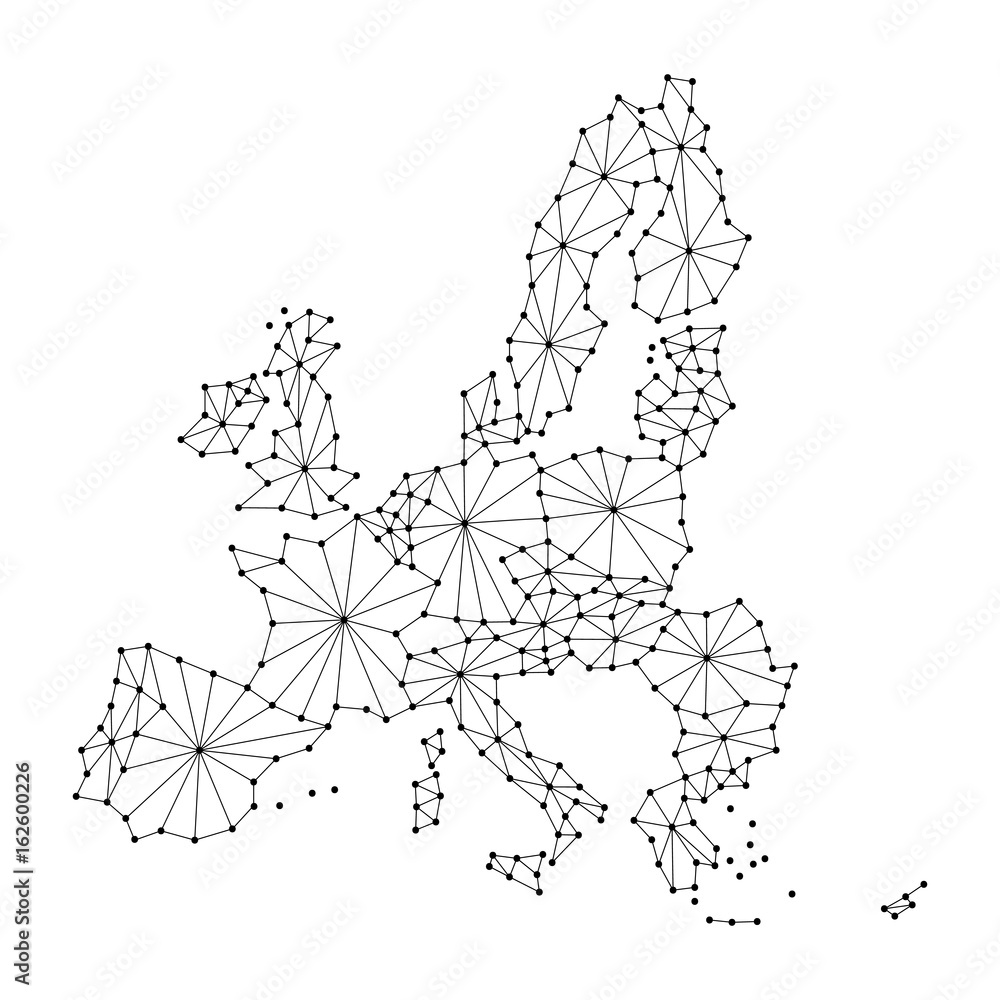 Poster european union map of polygonal mosaic lines network, rays and dots vector illustration.